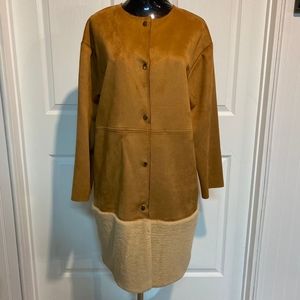 Women's Zara Faux Suede Camel Coat Fur Trim Size M